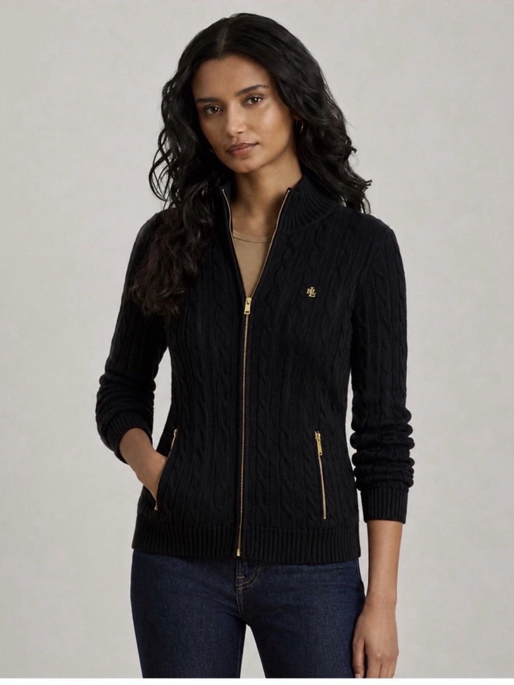 Ralph Lauren Black Cable-Knit Zip Cardigan with Gold Hardware